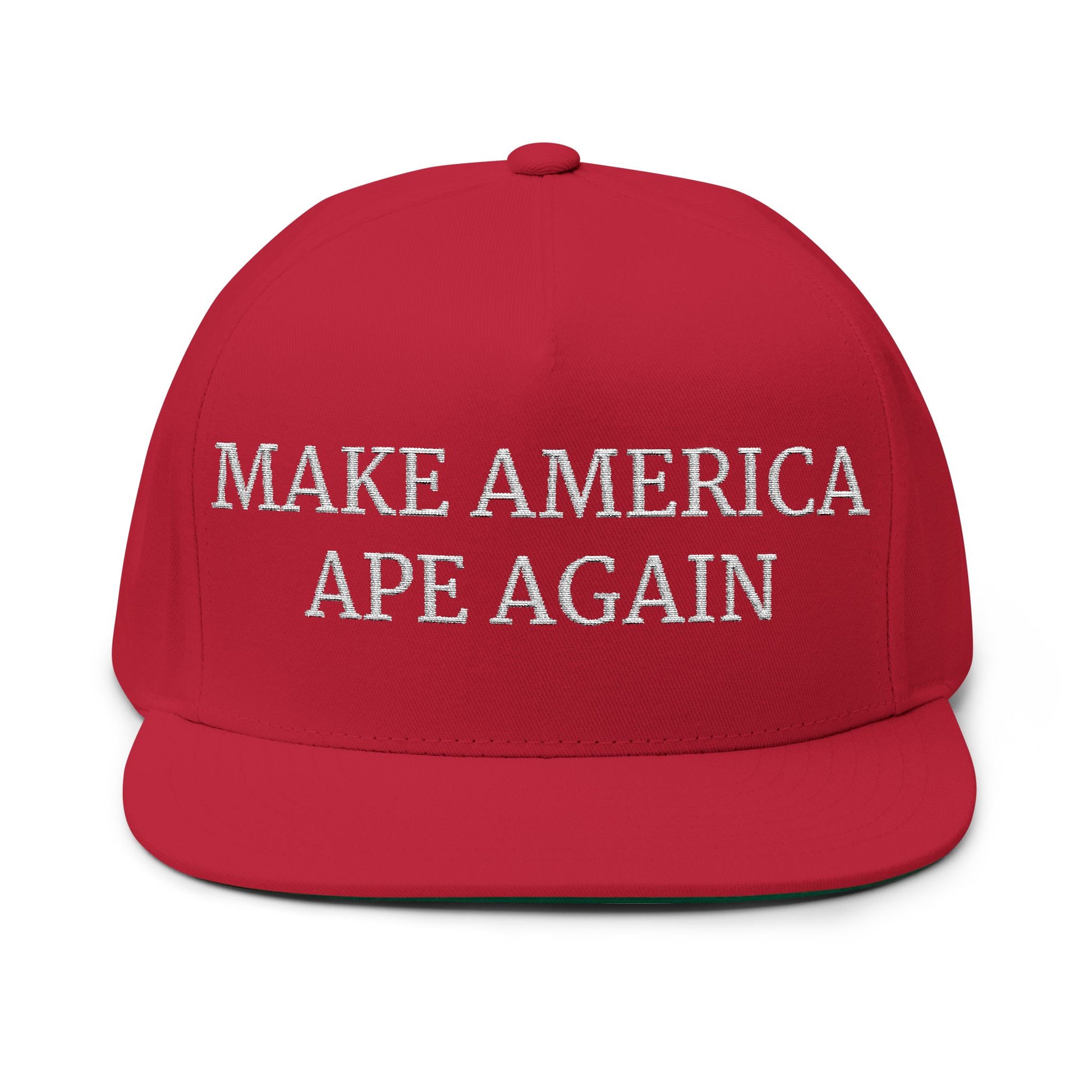 Red cap with 'MAKE AMERICA APE AGAIN' text on a white background